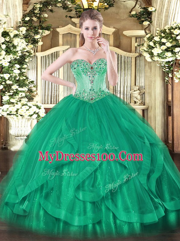 Eye-catching Floor Length Lace Up 15th Birthday Dress Turquoise for Sweet 16 and Quinceanera with Beading and Ruffles