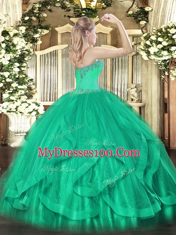 Eye-catching Floor Length Lace Up 15th Birthday Dress Turquoise for Sweet 16 and Quinceanera with Beading and Ruffles