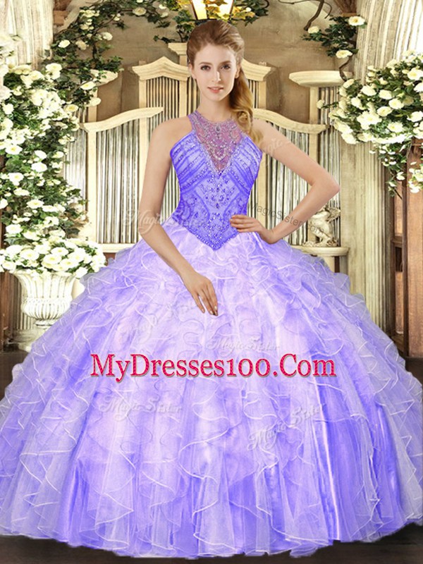 Flirting Lavender Sleeveless Beading and Ruffles Floor Length Vestidos de Quinceanera
