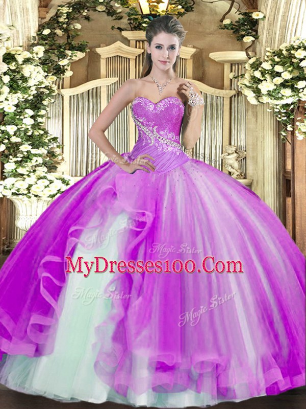 Lilac Lace Up Sweetheart Beading and Ruffles Sweet 16 Quinceanera Dress Tulle Sleeveless