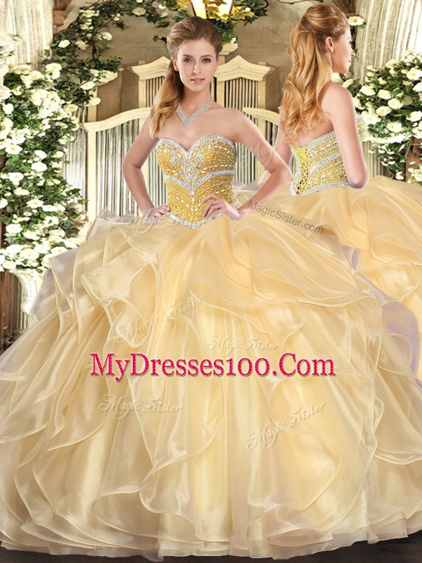 Champagne Sweetheart Lace Up Beading and Ruffles 15 Quinceanera Dress Long Sleeves