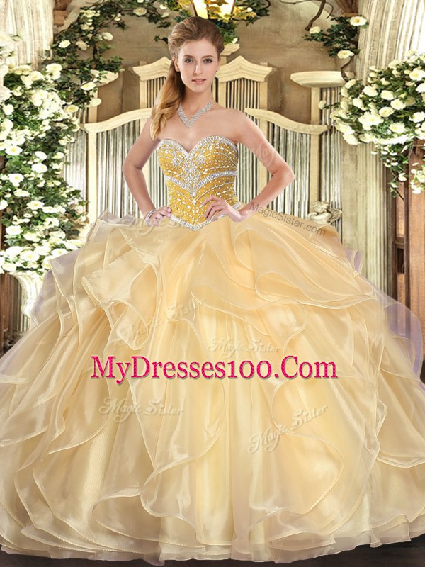 Champagne Sweetheart Lace Up Beading and Ruffles 15 Quinceanera Dress Long Sleeves