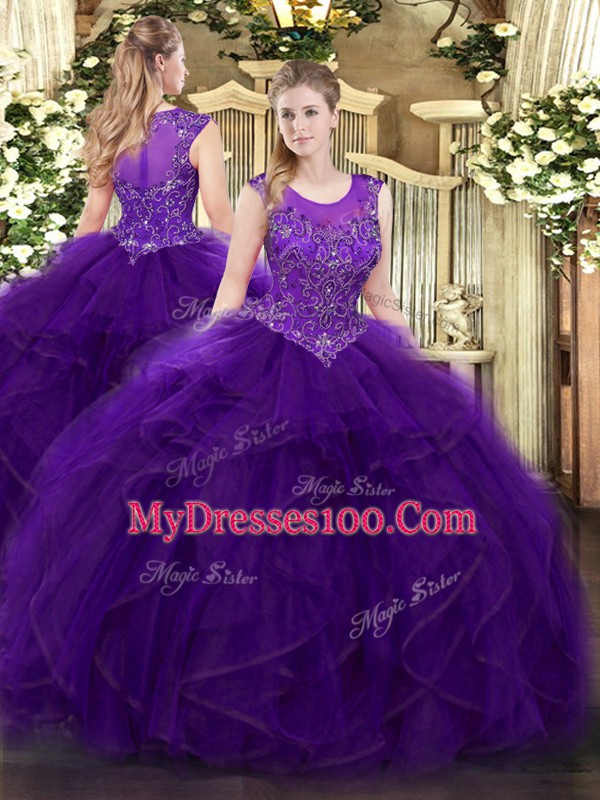 Shining Purple Ball Gowns Beading and Ruffles Quinceanera Dresses Zipper Organza Sleeveless Floor Length