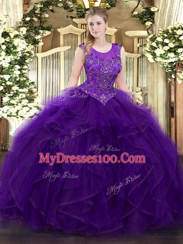Shining Purple Ball Gowns Beading and Ruffles Quinceanera Dresses Zipper Organza Sleeveless Floor Length