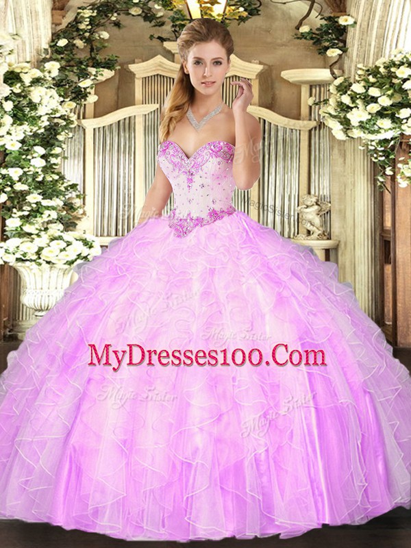 Lilac Lace Up Sweetheart Beading and Ruffles Quinceanera Dress Organza Sleeveless
