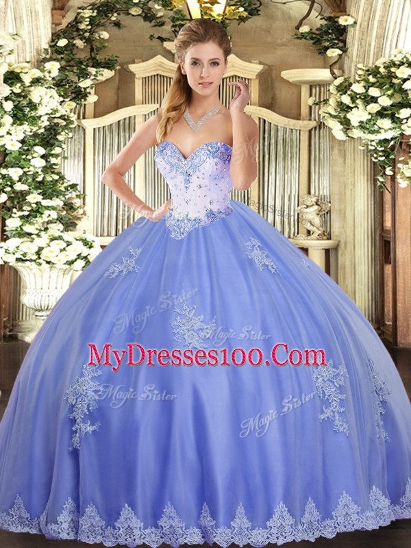Affordable Ball Gowns Quince Ball Gowns Blue Sweetheart Tulle Sleeveless Floor Length Lace Up
