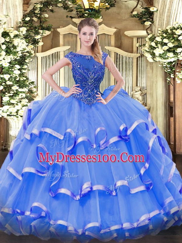 Ball Gowns Ball Gown Prom Dress Blue Scoop Organza Sleeveless Floor Length Zipper