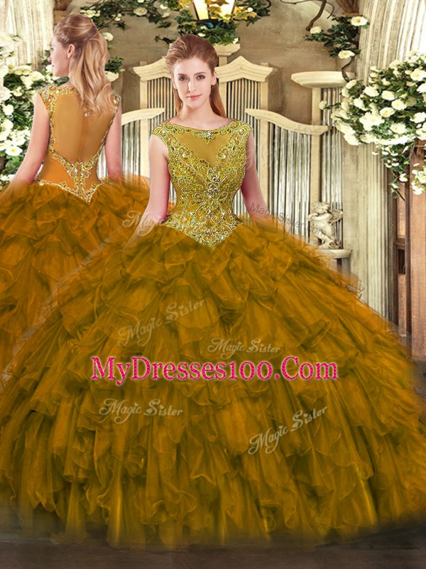 Super Brown Ball Gowns Beading and Ruffles Quinceanera Gowns Zipper Organza Sleeveless Floor Length