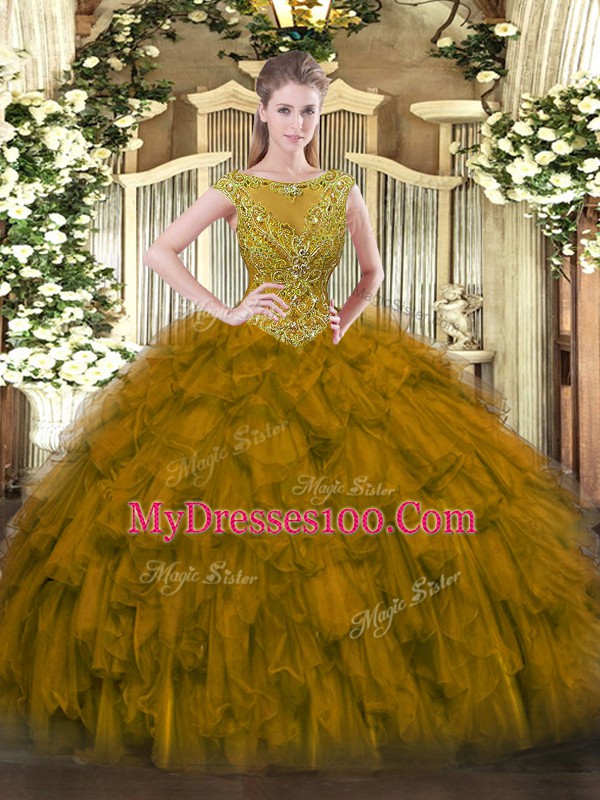 Super Brown Ball Gowns Beading and Ruffles Quinceanera Gowns Zipper Organza Sleeveless Floor Length