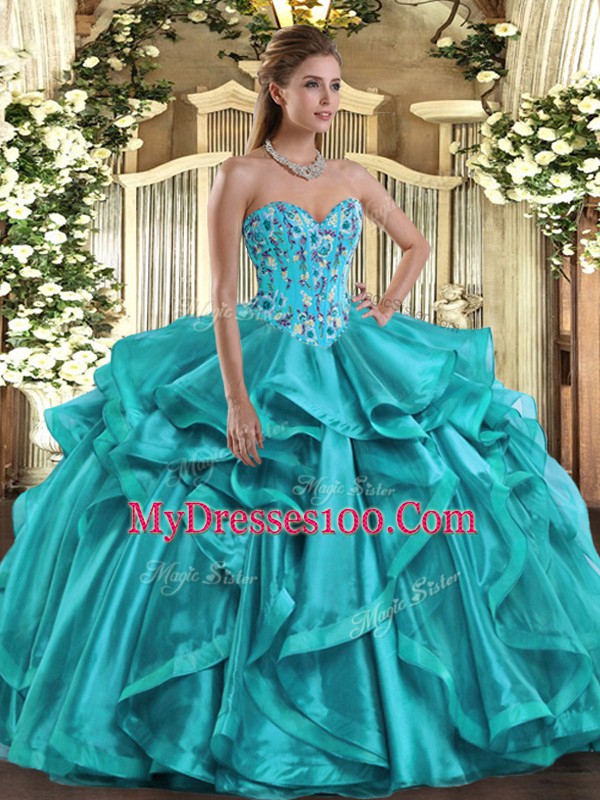 Teal Ball Gowns Embroidery and Ruffles Quinceanera Gown Lace Up Organza Sleeveless Floor Length