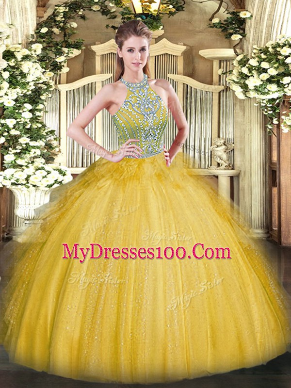 High Quality Gold Ball Gowns Tulle Halter Top Sleeveless Beading and Ruffles Floor Length Lace Up Quinceanera Dresses