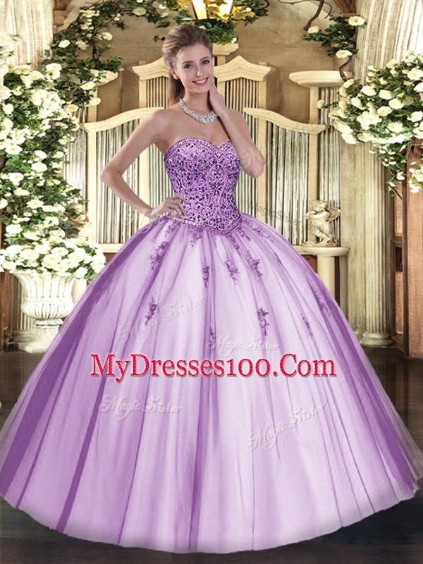 Affordable Sleeveless Tulle Floor Length Lace Up Quinceanera Dresses in Lavender with Beading
