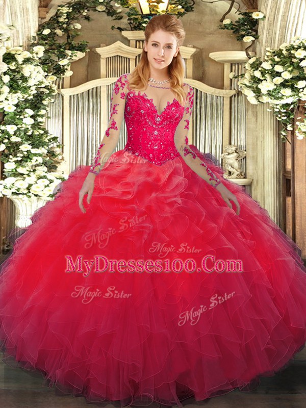 Organza Long Sleeves Floor Length Sweet 16 Quinceanera Dress and Lace and Ruffles