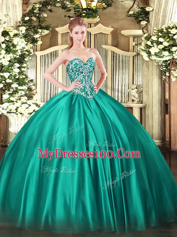 Sweetheart Sleeveless Vestidos de Quinceanera Floor Length Beading Turquoise Satin