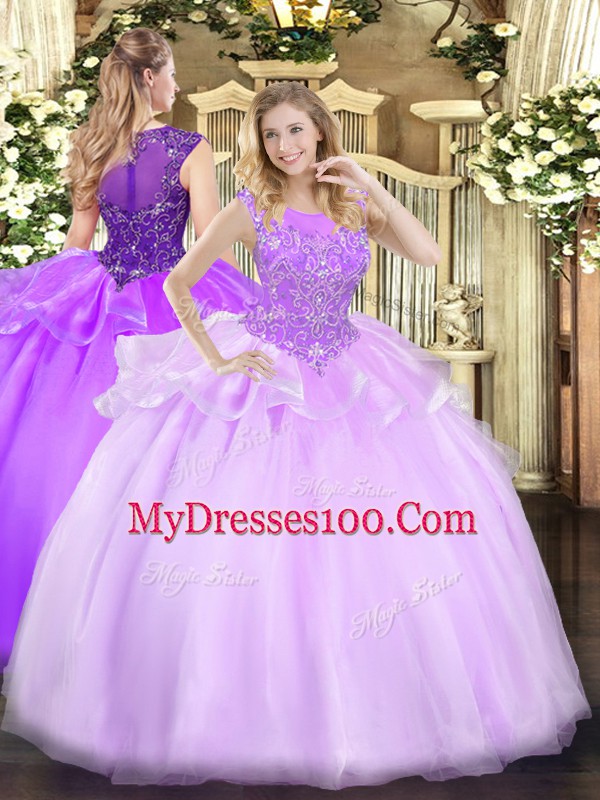 Wonderful Lilac Organza Zipper Sweet 16 Dresses Sleeveless Floor Length Beading