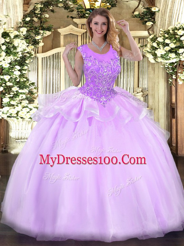 Wonderful Lilac Organza Zipper Sweet 16 Dresses Sleeveless Floor Length Beading