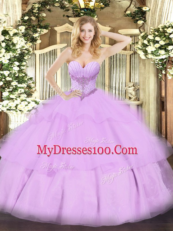 Glittering Lavender Lace Up Sweet 16 Quinceanera Dress Beading and Ruffled Layers Sleeveless Floor Length