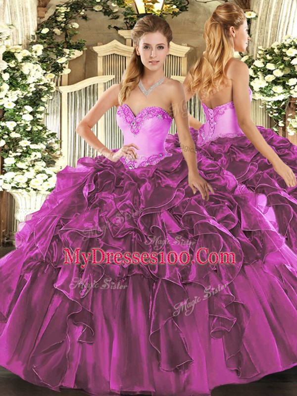 Modern Beading and Ruffles Quinceanera Dress Fuchsia Lace Up Sleeveless Floor Length
