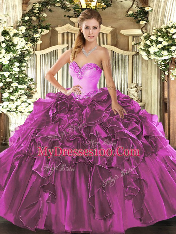 Modern Beading and Ruffles Quinceanera Dress Fuchsia Lace Up Sleeveless Floor Length