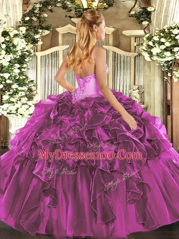Modern Beading and Ruffles Quinceanera Dress Fuchsia Lace Up Sleeveless Floor Length