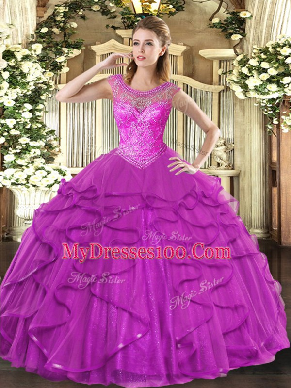 Lovely Fuchsia Lace Up Quinceanera Gown Beading and Ruffles Sleeveless Floor Length
