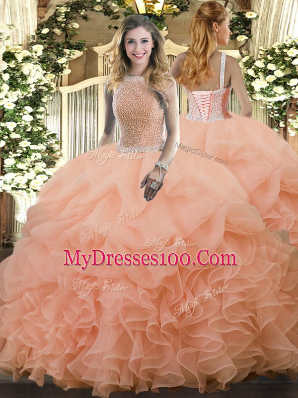 Comfortable Peach Sleeveless Floor Length Beading and Ruffles and Pick Ups Lace Up Quinceanera Dress