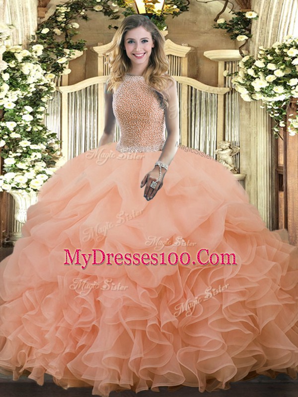 Comfortable Peach Sleeveless Floor Length Beading and Ruffles and Pick Ups Lace Up Quinceanera Dress