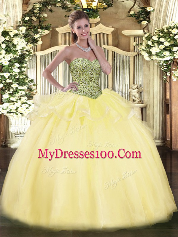 Luxury Light Yellow Sleeveless Tulle Lace Up 15th Birthday Dress for Military Ball and Sweet 16 and Quinceanera