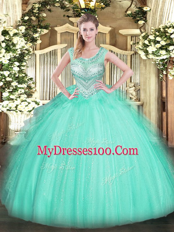 New Arrival Scoop Sleeveless Sweet 16 Quinceanera Dress Floor Length Beading Apple Green Tulle
