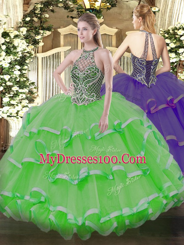 Custom Fit Ball Gowns Halter Top Sleeveless Organza Floor Length Lace Up Beading and Ruffles Sweet 16 Dresses