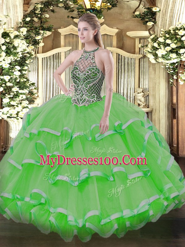 Custom Fit Ball Gowns Halter Top Sleeveless Organza Floor Length Lace Up Beading and Ruffles Sweet 16 Dresses