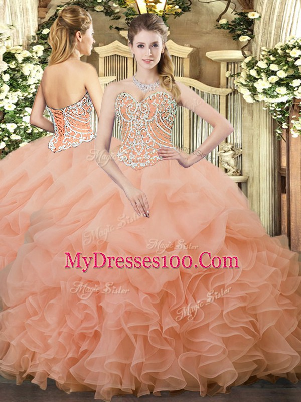 Dramatic Floor Length Peach Quince Ball Gowns Organza Sleeveless Beading and Ruffles and Pick Ups