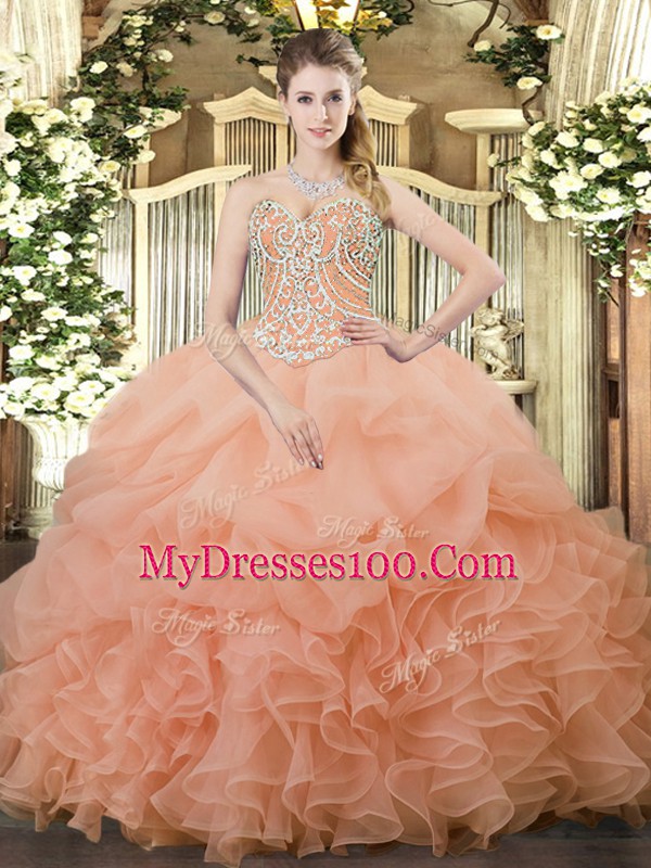 Dramatic Floor Length Peach Quince Ball Gowns Organza Sleeveless Beading and Ruffles and Pick Ups