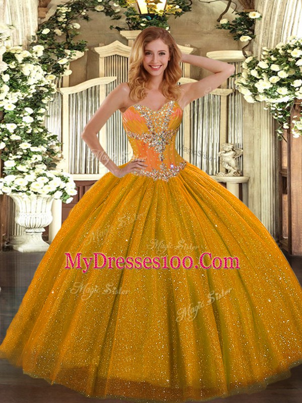Sweetheart Sleeveless Lace Up 15 Quinceanera Dress Gold Tulle