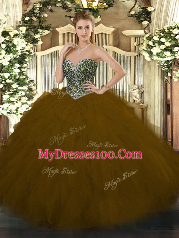 Brown Ball Gowns Beading and Ruffles Sweet 16 Dresses Lace Up Tulle Sleeveless Floor Length