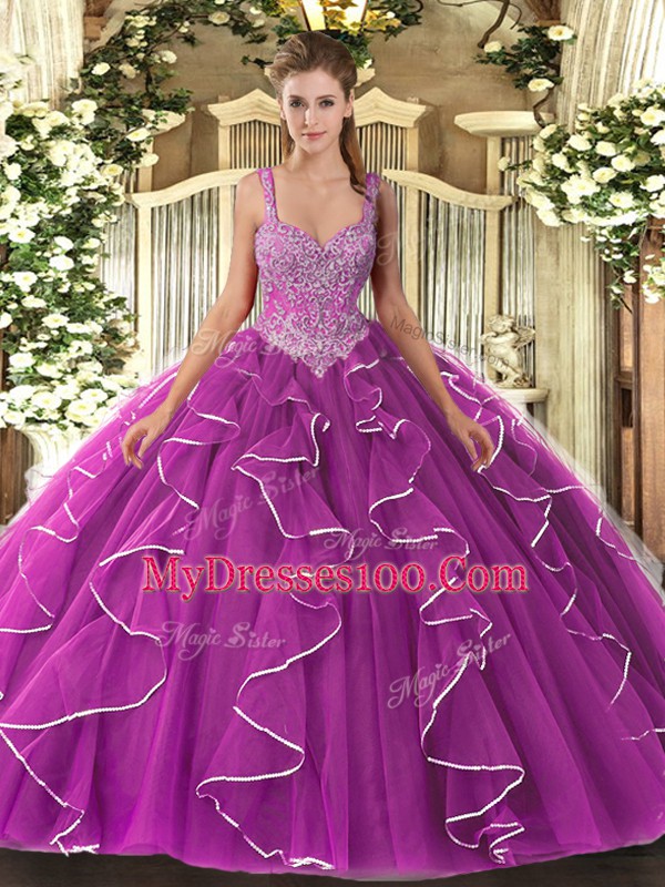 Customized Tulle Straps Sleeveless Lace Up Beading Quinceanera Gown in Fuchsia