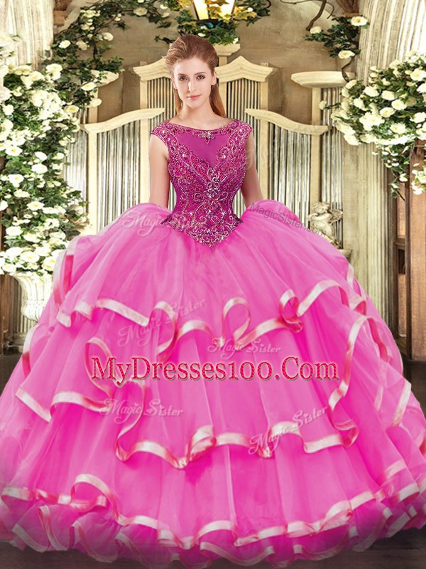 Adorable Fuchsia Sleeveless Organza Zipper 15th Birthday Dress for Sweet 16 and Quinceanera