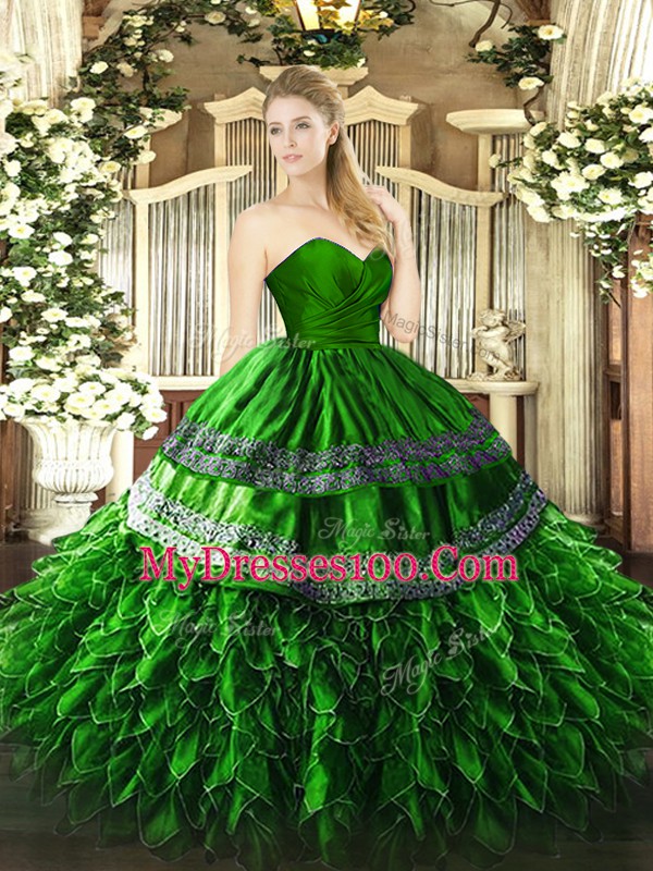 Green Organza and Taffeta Zipper 15 Quinceanera Dress Sleeveless Floor Length Embroidery and Ruffles