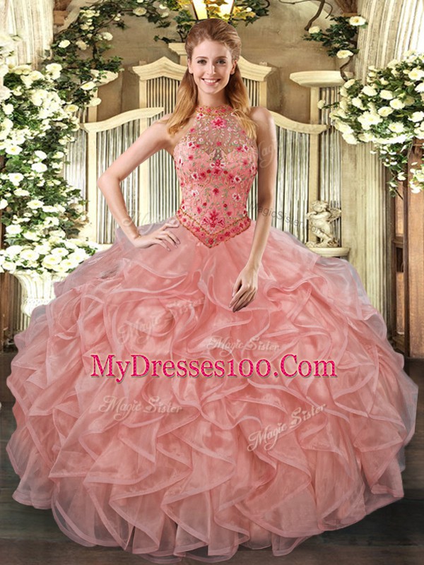 Stunning Peach Halter Top Neckline Beading and Embroidery and Ruffles 15th Birthday Dress Sleeveless Lace Up