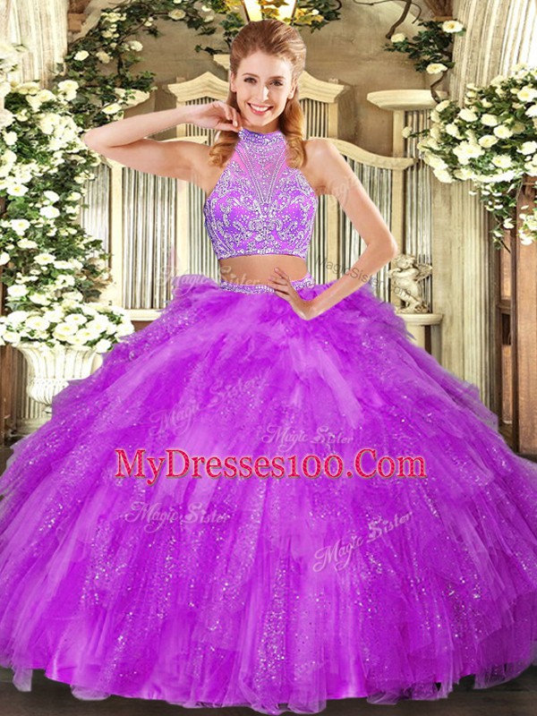 Nice Fuchsia Halter Top Criss Cross Beading and Ruffles Quinceanera Gown Sleeveless