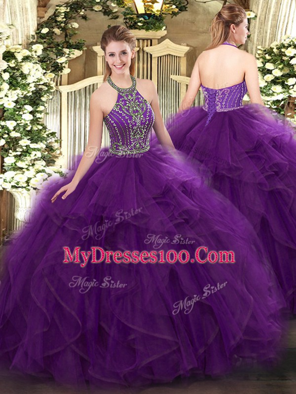 Cute Purple Halter Top Neckline Beading and Ruffles Vestidos de Quinceanera Sleeveless Lace Up