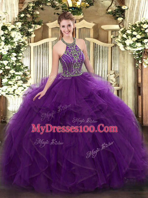 Cute Purple Halter Top Neckline Beading and Ruffles Vestidos de Quinceanera Sleeveless Lace Up