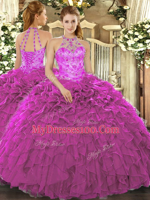 Flirting Organza Halter Top Sleeveless Lace Up Beading and Embroidery and Ruffles Quinceanera Dress in Fuchsia