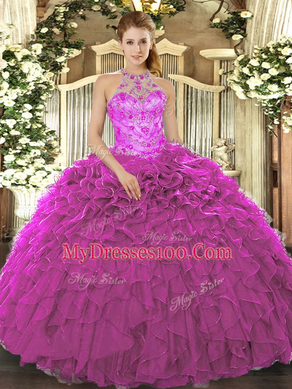 Flirting Organza Halter Top Sleeveless Lace Up Beading and Embroidery and Ruffles Quinceanera Dress in Fuchsia