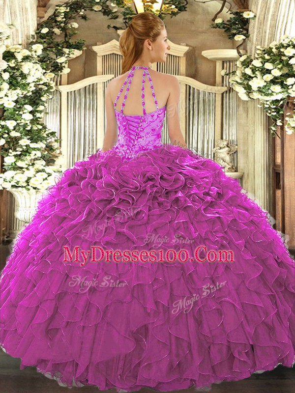 Flirting Organza Halter Top Sleeveless Lace Up Beading and Embroidery and Ruffles Quinceanera Dress in Fuchsia