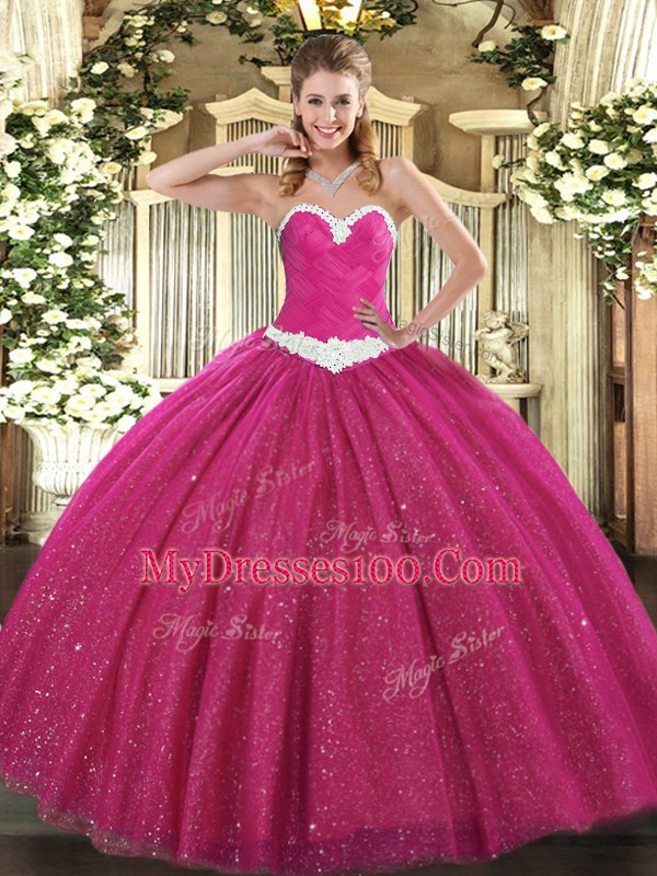 Elegant Hot Pink Ball Gowns Tulle Sweetheart Sleeveless Appliques Floor Length Lace Up Sweet 16 Dress