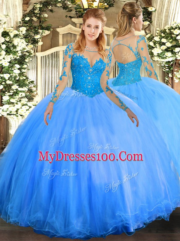 Baby Blue Lace Up Ball Gown Prom Dress Lace Long Sleeves Floor Length
