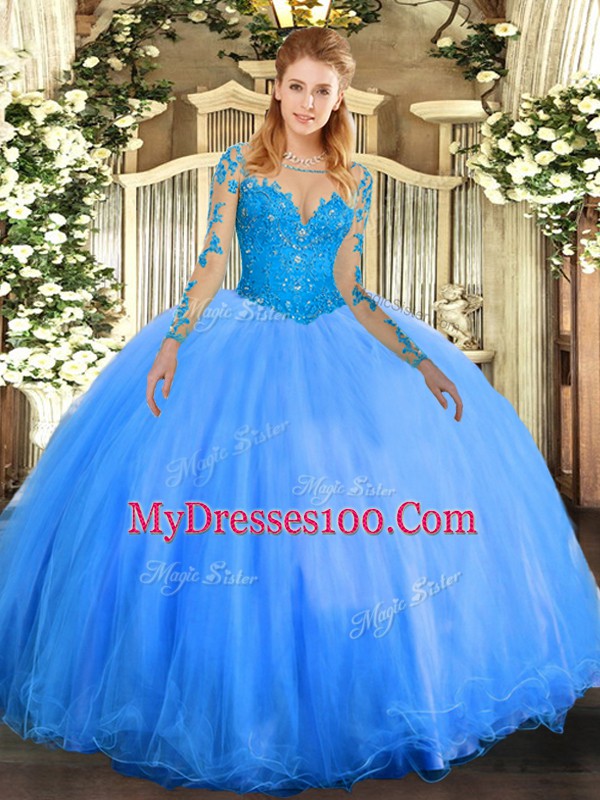 Baby Blue Lace Up Ball Gown Prom Dress Lace Long Sleeves Floor Length