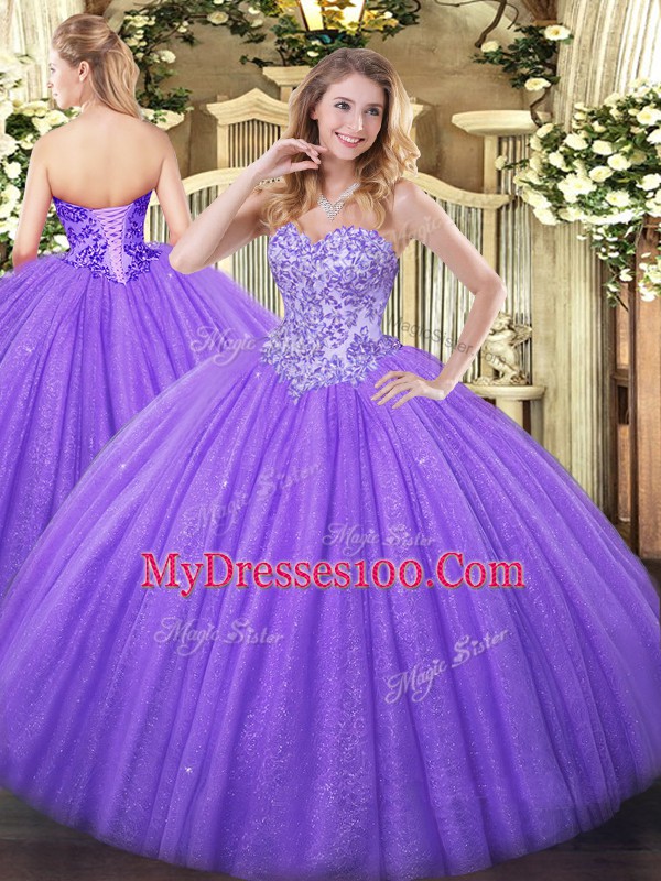 Hot Selling Lavender Sleeveless Appliques Floor Length Quinceanera Dress