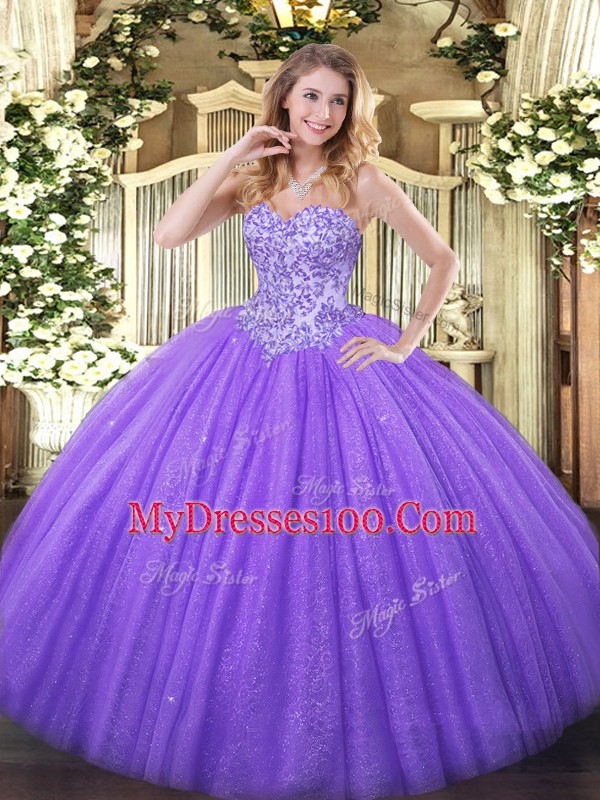 Hot Selling Lavender Sleeveless Appliques Floor Length Quinceanera Dress